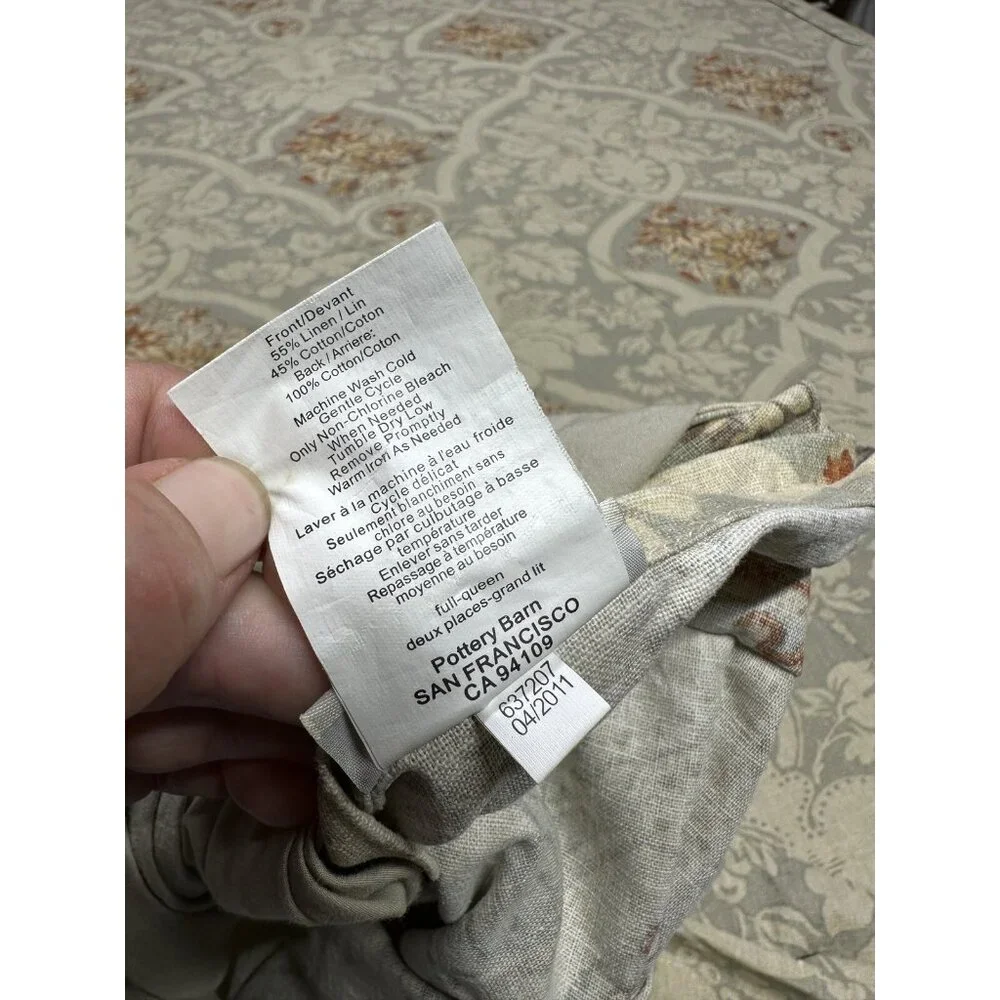 Pottery Barn Camilla Beige Linen Cotton Floral Medallion Full/Queen Duvet Cover